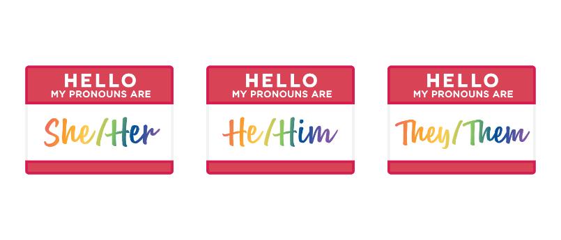 Labels with different pronouns: she/her, he/him and /they/them